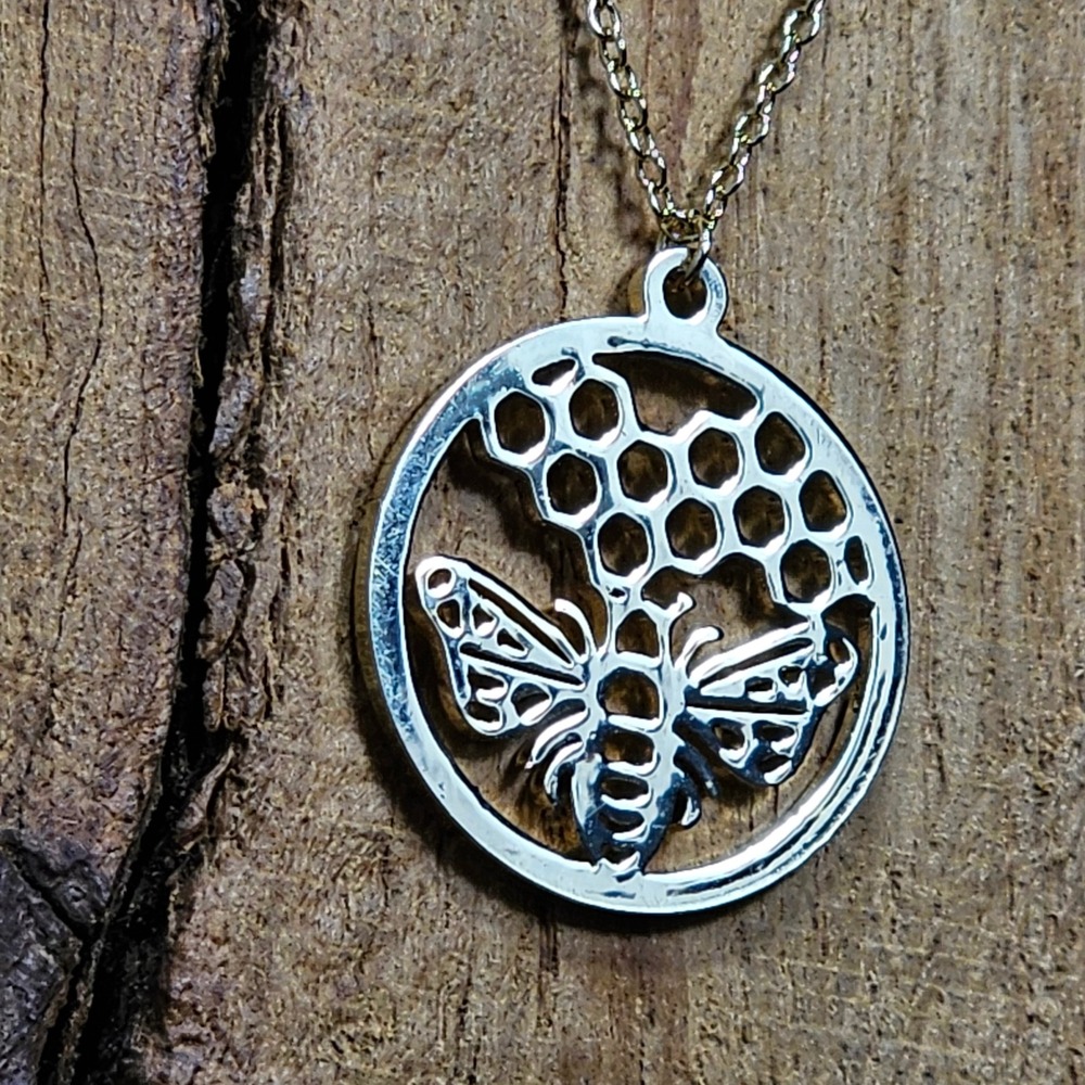 Gold Bee Honeycomb Necklace OS Circle Pendant Dainty Chain